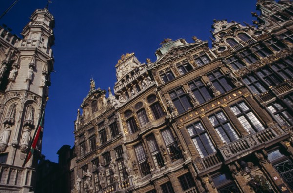 BELGIUM, Brabant, Brussels, Grand Place. Decorated facades of guild houses in the market square.