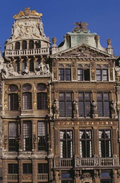 BELGIUM, Brabant, Brussels, Grand Place. Decorated facades of guild houses in the market square.