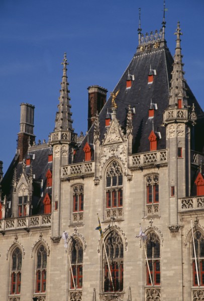 BELGIUM, West Flanders, Bruges, The Markt (Market Place). Exterior facade of old town building with