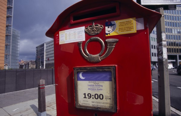BELGIUM, Brabant, Brussels, Post box with collection times.