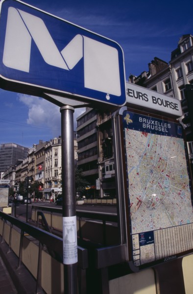 BELGIUM, Brabant, Brussels, Metro sign at subway entrance with attached poster of missing cat and