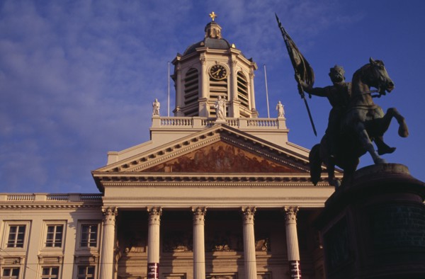 BELGIUM, Brabant, Brussels, Royal Square.  Exterior facade of Church of Saint James with equestrian