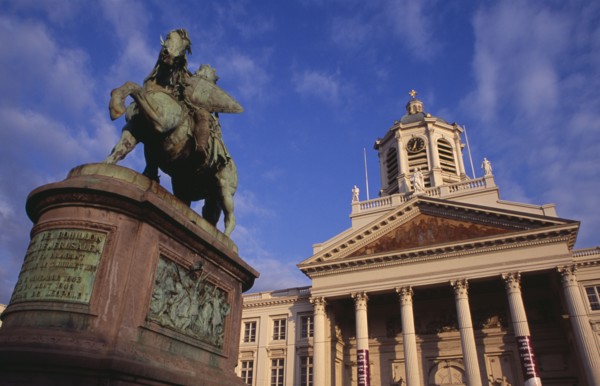 BELGIUM, Brabant, Brussels, Royal Square.  Exterior facade of Church of Saint James with equestrian