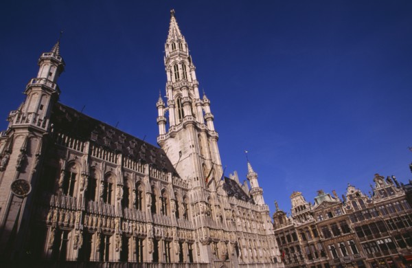 BELGIUM, Brabant, Brussels, The Grand Place.  Hotel de Ville.  Angled view of exterior facade