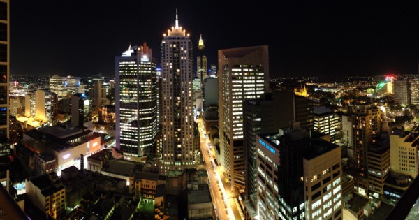 Australia, New South Wales, Sydney, Panorama of Pitt Street By Night