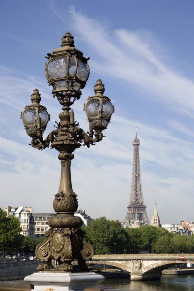 FRANCE, Ile de France, Paris, Art Nouveau lamp-post on Ponte Alexandre III bridge across the River