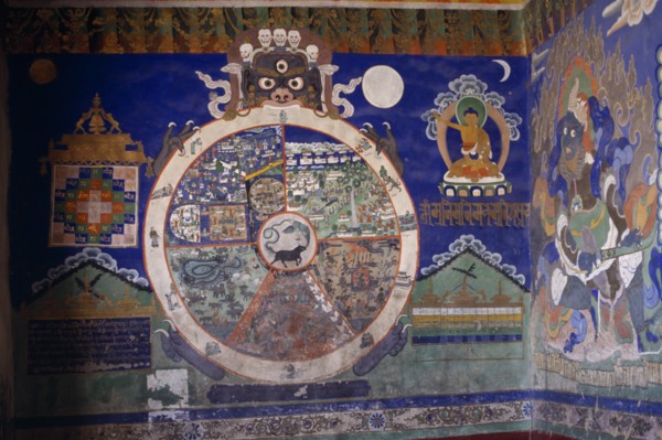 INDIA, Buddhism, "Fresco on Buddhist monastery wall depicting Yamantaka, the terminator of death