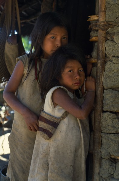 COLOMBIA, Sierra Nevada de Santa Marta, "Young Kogi-Wiwa girls in traditional dress, youngest