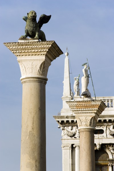 ITALY, Veneto, Venice, The winged Lion of Saint Mark on the Column San Marco with the Column of San