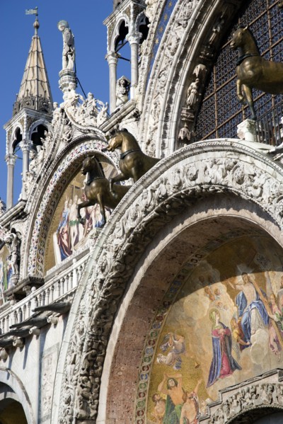 ITALY, Veneto, Venice, The bronze Horses of St Mark and the 17th Century mosaics on the facade of