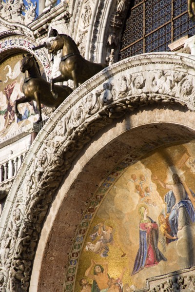 ITALY, Veneto, Venice, The bronze Horses of St Mark and the 17th Century mosaics on the facade of