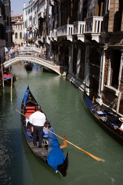ITALY, Veneto, Venice, Gondolas with tourists passing along the Rio del Palazzo canal with its many