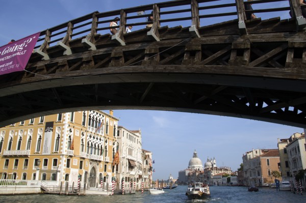 ITALY, Veneto, Venice, The Byzantine church of Santa Maria della Salute with water taxis and a