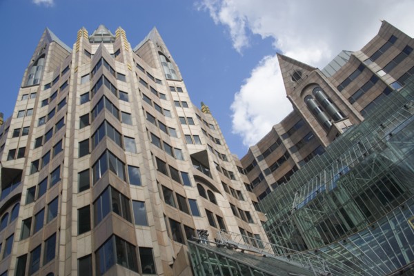 ENGLAND, London, Facade of modern building in the City with glass conservatory or atrium on the