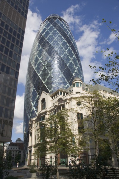 ENGLAND, London, The Swiss Re building 30 St Mary Axe alternatively known as the Gherkin. Designed