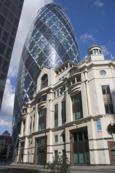 ENGLAND, London, The Swiss Re building 30 St Mary Axe alternatively known as the Gherkin. Designed