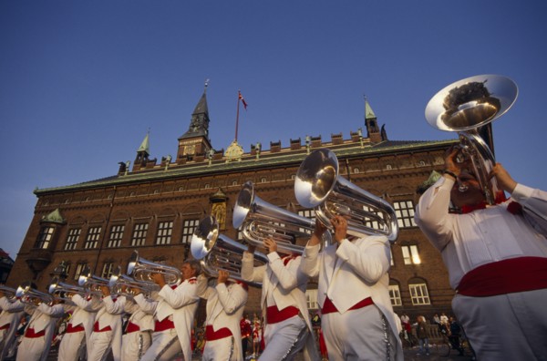 DENMARK , Zealand, Copenhagen, Brass band performing at open air concert outside the Radhus.