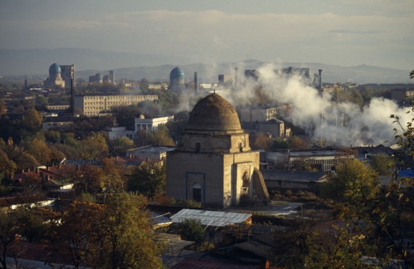 UZBEKISTAN, Samarkand, "Skyline showing Bibi Khanym Mosque in Registan square, built by Timur."