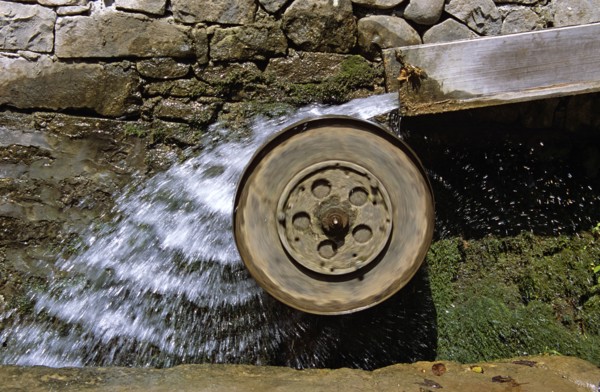 BULGARIA, Etara, "Ethnographic Outdoor Village Museum, near Gabrovo, water wheel and water."
