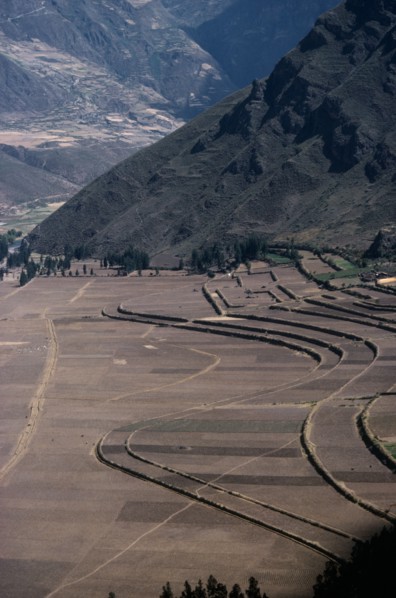 PERU, Cusco, Agriculture, Contour ploughing and terraces near Pisac.