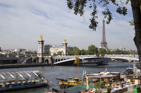 FRANCE, Ile de France, Paris, Houseboat barges moored at the Port des Champs Elysees on the River