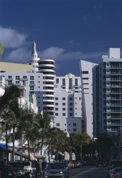 USA, Florida, Miami, South Beach. Old meets new; Art Deco and modern architecture dominate the
