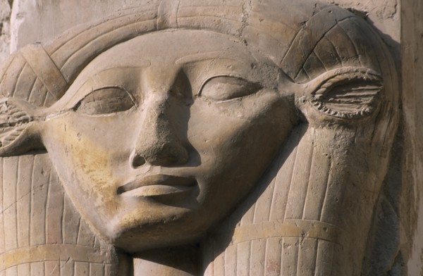 EGYPT, Nile Valley, Thebes, Deir-el-Bari. Hepshepsut Mortuary Temple. Carved column with head of