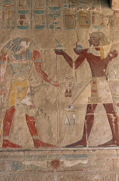 EGYPT, Nile Valley, Thebes, Deir-el-Bahri. Hatshepsut Mortuary Temple. Chapel of Anubis. Relief of