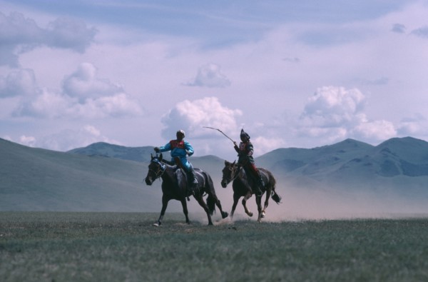 MONGOLIA, Animals, Child jockeys competing in National Day horse race.
