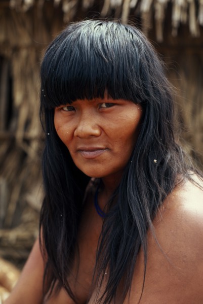 BRAZIL, Mato Grosso, Indigenous Park of the Xingu, Head and shoulders portrait of young  Panara