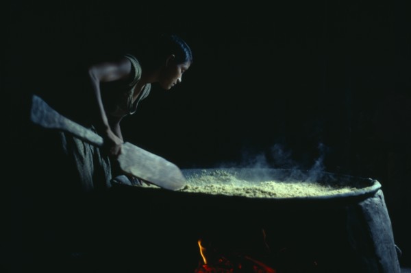 COLOMBIA, North West Amazon, Tukano Indigenous People, Barasana woman making casabe bread from