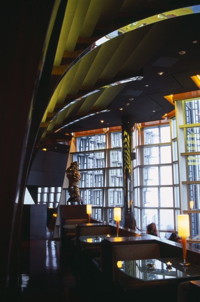 CHINA, Shanghai, Interior of Cloud 9 bar in the Jin Mao building in Pudong.  Seating area and glass