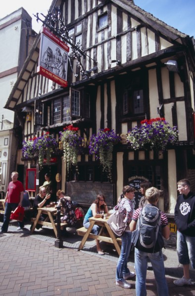 ENGLAND, East Sussex, Hastings, Old Town. George Street . Tmbered frontage of Ye Olde Pump House