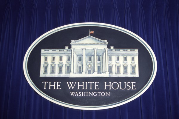 USA, Washington DC, "White house sign and logo, Press Room, The White House, Pennsylvania Avenue,"