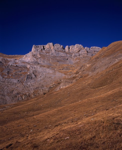 SPAIN, Aragon, Pyrenees, Sierra de la Escusana.  Mountain landscape with eroded rock pinnacles and