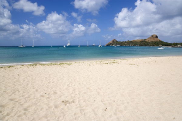 WEST INDIES, St Lucia, Gros Islet , Pigeon Island National Historic Park seen from a nearby beach
