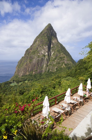 WEST INDIES, St Lucia, Soufriere , Val des Pitons The volcanic plug of Petit Piton and the lush