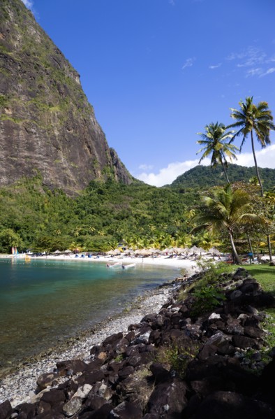 WEST INDIES, St Lucia, Soufriere , Val des Pitons The white sand beach at the Jalousie Plantation