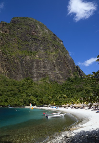 WEST INDIES, St Lucia, Soufriere , Val des Pitons The white sand beach at the Jalousie Plantation