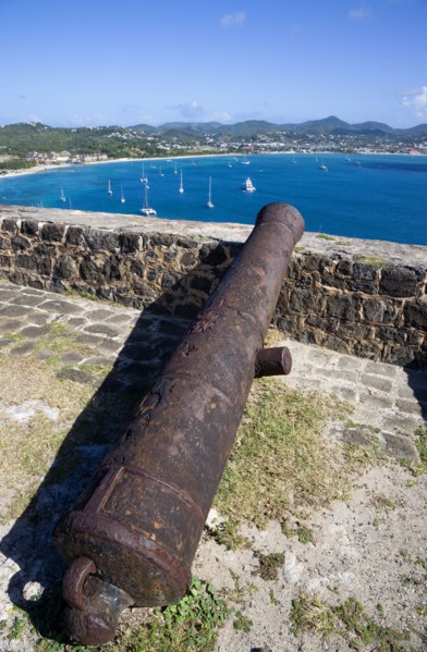 WEST INDIES, St Lucia, Gros Islet , Pigeon Island National Historic Park Cannon at Fort Rodney