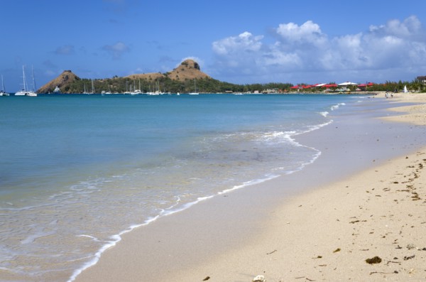 WEST INDIES, St Lucia, Gros Islet , Pigeon Island National Historic Park seen from a nearby beach