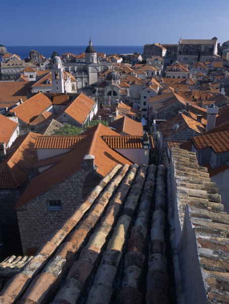 CROATIA, Dalmatia, Dubrovnik, "Elevated view over terracotta roof tops towards the Cathedral, St