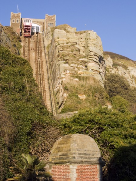ENGLAND, East Sussex, Hastings, The East Hill Lift. View looking up at the steepest funicular