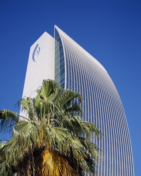 UAE, Dubai, National Bank of Dubai on Dubai creek with palm in foreground.