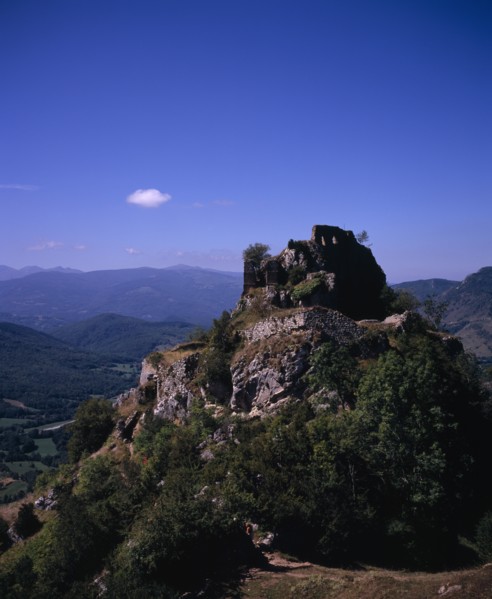FRANCE, Midi-Pyrenees, Ariege, "Chateau de Roquefixade,  Ruined castle on cliff-top overlooking