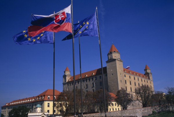 SLOVAKIA, Bratislava, "Flags flying outside Bratislava Castle, reconstructed 1956-68 after burning