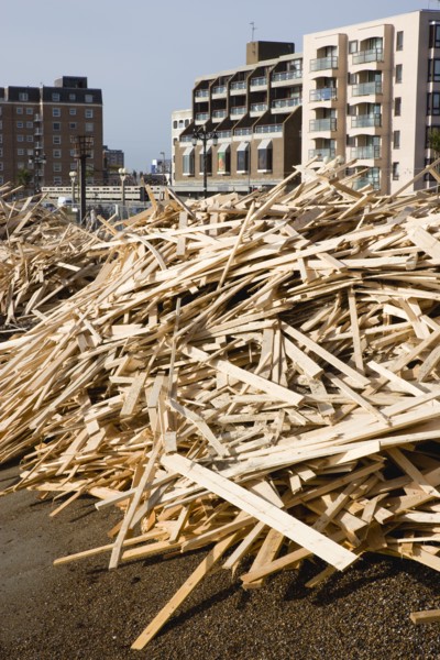 ENGLAND, West Sussex, Worthing, Timber washed up on the beach from the Greek registered Ice