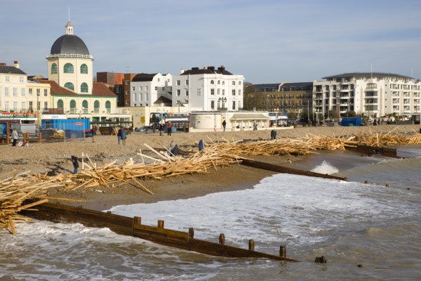 ENGLAND, West Sussex, Worthing, Timber washed up on the beach from the Greek registered Ice