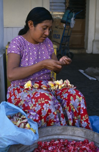 MEXICO, Juchitan, Woman in floral patterned skirt threading flower heads into garland at Juchitan