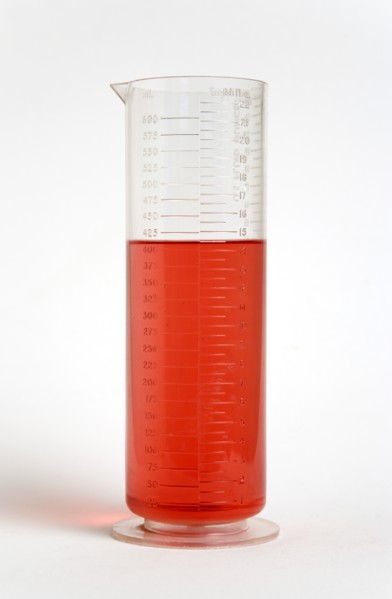 SCIENCE, Medical, Measurement, Plastic measuring beaker containing light red liquid and showing